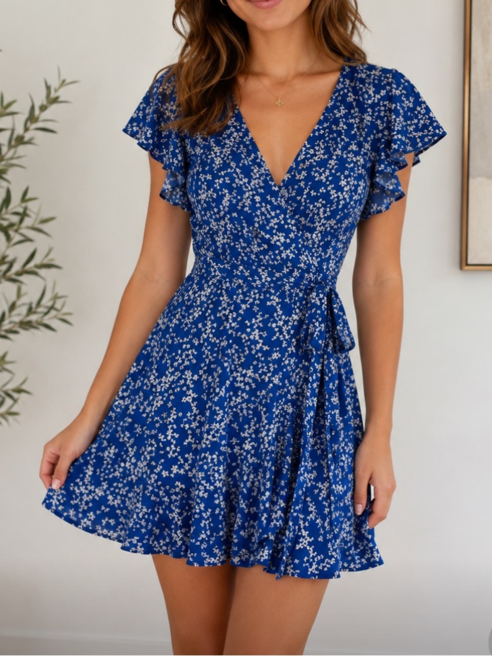 Blue and White Floral Wrap Mini Dress
